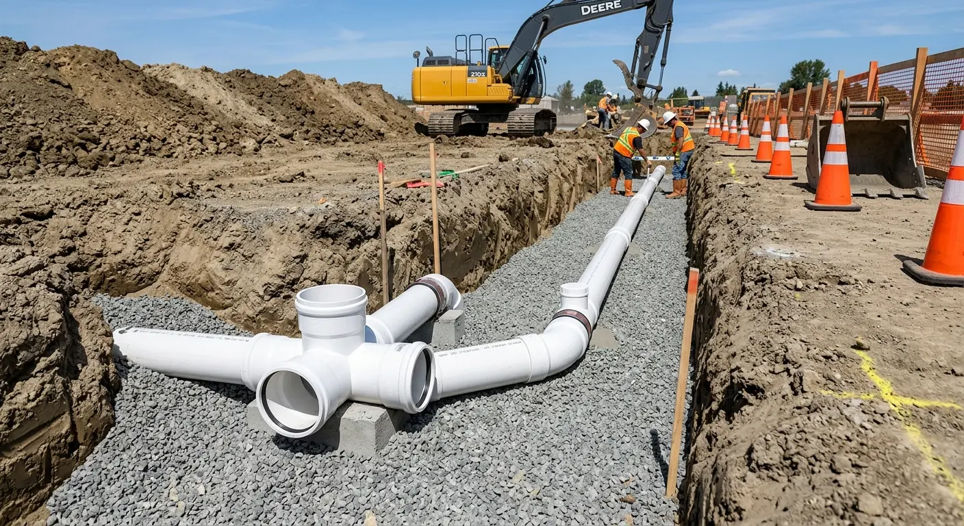New PVC sewer pipe installation in open trench for Sewer Backup in Warsaw
