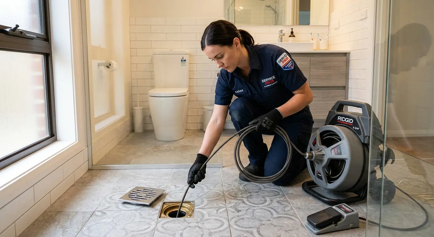 Technician clearing a bathroom floor drain for Drain Repair in Warsaw